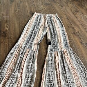 Boho Wide-Leg Printed Bell Bottom Pants - Cream & Rust